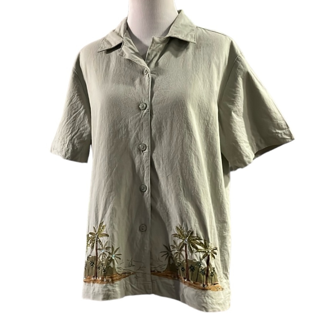 JANE ASHLEY EMBELLISHED PALM TREES SHORT SLEEVE BUTTON DOWN SHIRT SAGE SIZE PM